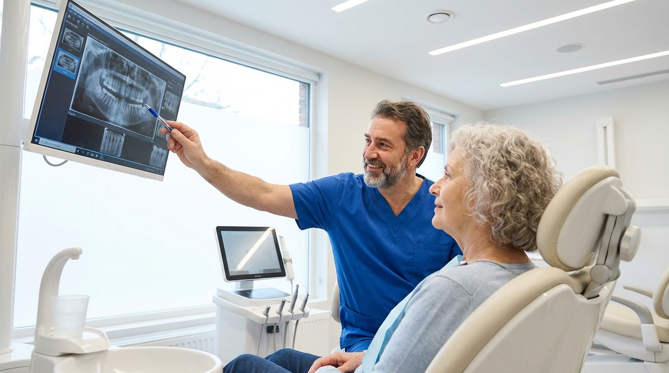 Senior patient receiving comprehensive dental examination for diabetes-related oral health