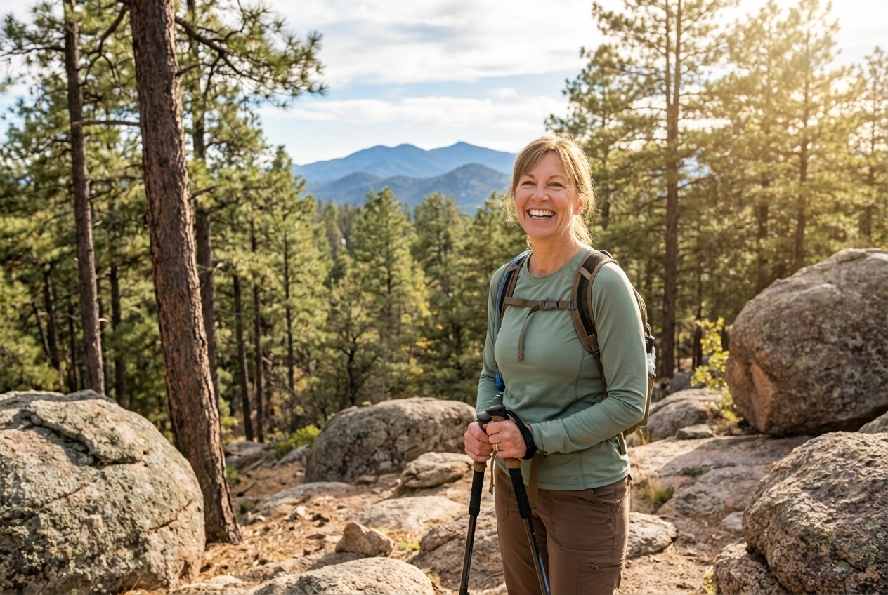 Confident patient enjoying outdoor hiking activities in Prescott after comfortable sedation dentistry treatment