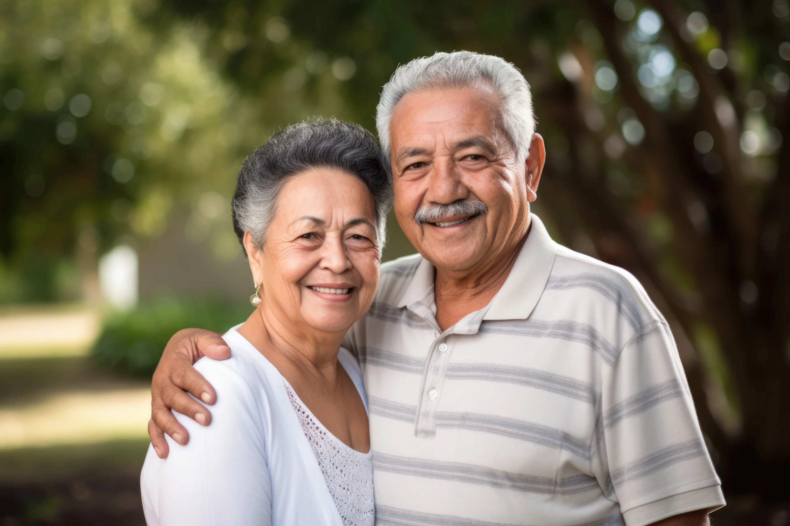 Confident senior couple laughing together outdoors in Northern Arizona after their cosmetic dentistry transformation.