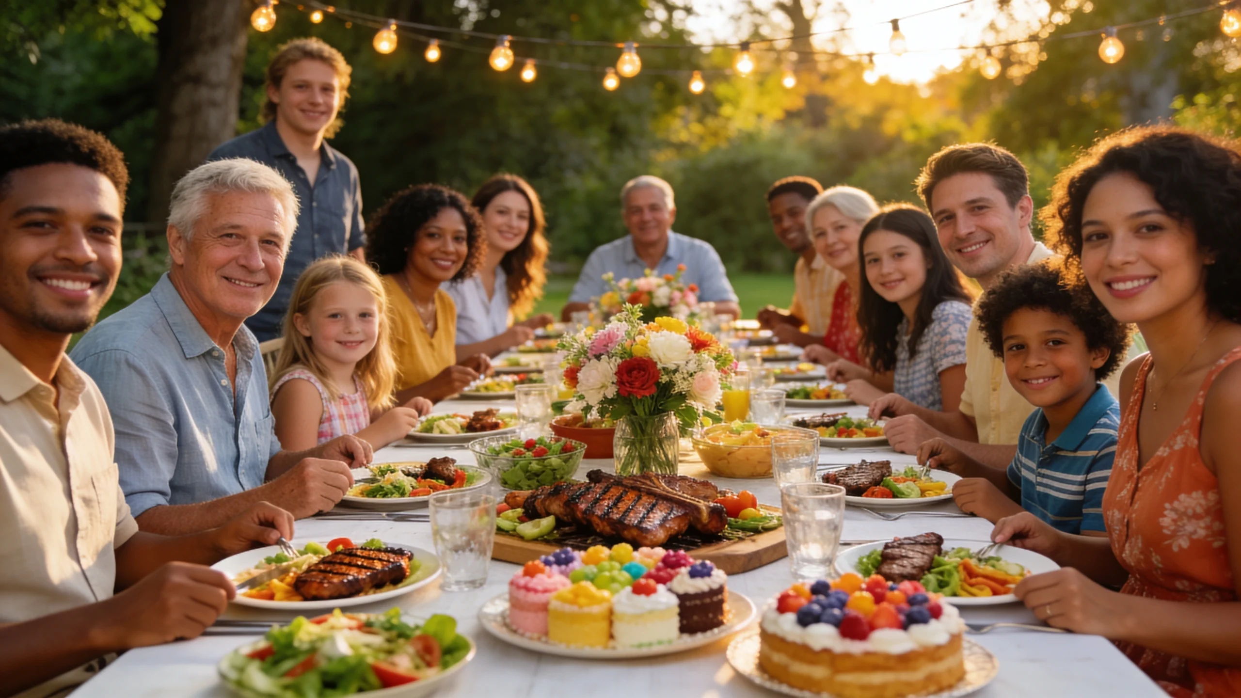 Multi-generational family smiling together outdoors in Prescott, Arizona, after their family dental visit.