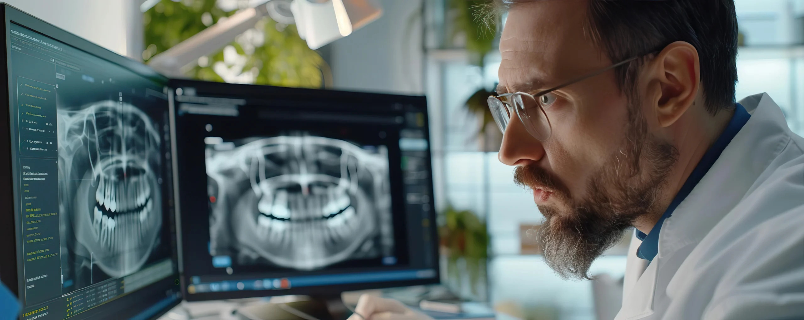 Dentist and patient over 55 reviewing a digital implant treatment plan